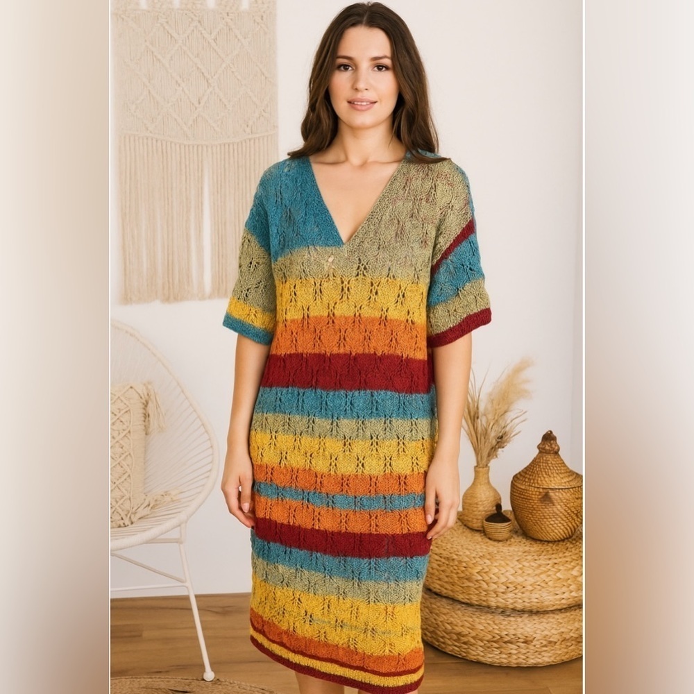 Handmade crochet rainbow mini v neck dress